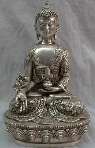 

0 8" Chinese Silver Buddhism Shakyamuni Tibet Joss Dragon Medicine Buddha Statue