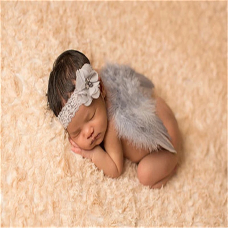 

Handmade Grey Feather Angel Wings Newborn Photography Props Flower Headband Set Vetement Fille Bebe Infant Photo Accessories