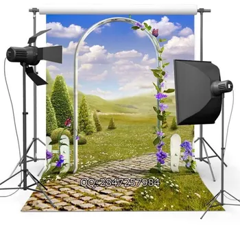 

Tree Grass Purple Flower Door Fence Scenic Wedding Backgrounds Vinyl cloth High quality Computer print wall backdrops