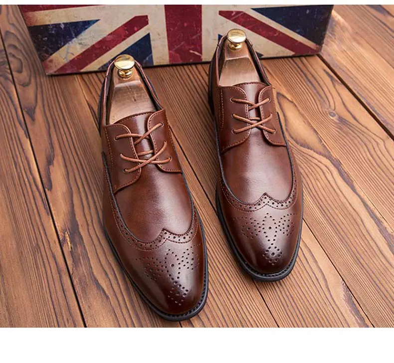 Мужская обувь с перфорацией типа «броги» Классическая Кожаная официальная обувь размера плюс 38-48, черные/коричневые мужские деловые модельные туфли мужские оксфорды на плоской подошве высокого качества
