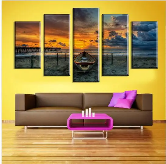 Oil Painting 5 Pcs Large Seaview With Ship Top rated Wall For Living