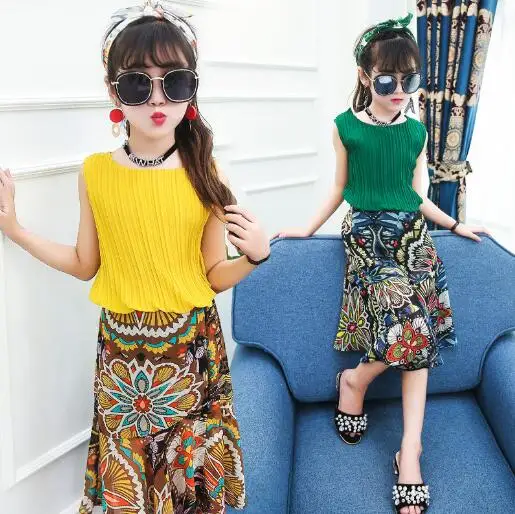 

Baby Girls Clothing Sets Kids Summer Chiffon Sleeveless Tops+Print Skirt 2 Pcs Suit Children Clothes Outfits 6 8 10 12 years old