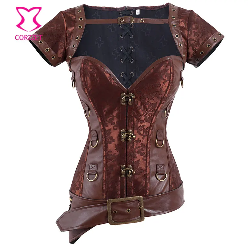 Brown Brocade Rivet Leather Bustier with font b Jacket b font Belt Gothic Clothing Steampunk Corset