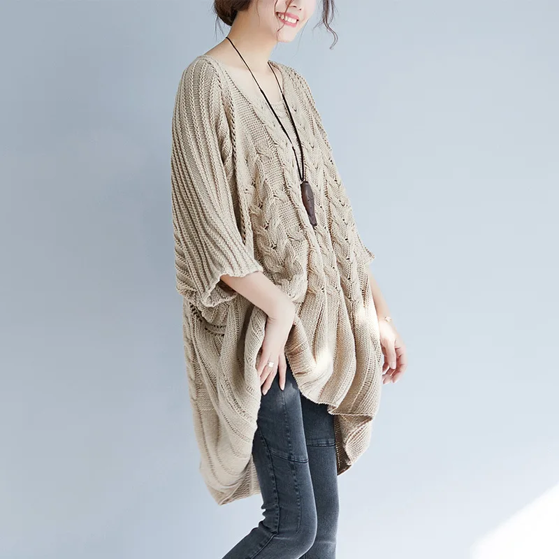 Johnature 2018 Autumn O-Neck Batwing Knit Loose Casual Pullover Sweaters New Irregular Solid Color Half Sleeve Women Sweaters