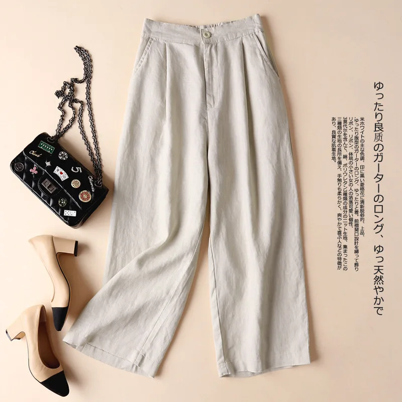 

2019 Summer Cotton Linen Wide Leg Pants Women Casual White Black Office Pants S-3XL Loose High Waist Long Trousers