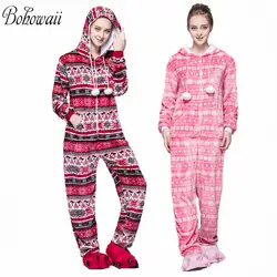 BOHOWAII с капюшоном Onesie пижамы для женщин зимние теплые фланелевые кигуруми пижамы мягкий Уютный спальный одежда