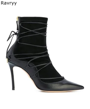 

2018 Newest Elastic Black Ankle Boots Cross Tied Woman short Boots Pointed Toe Thin Heel Autumn Winter Fashion Female Shoes