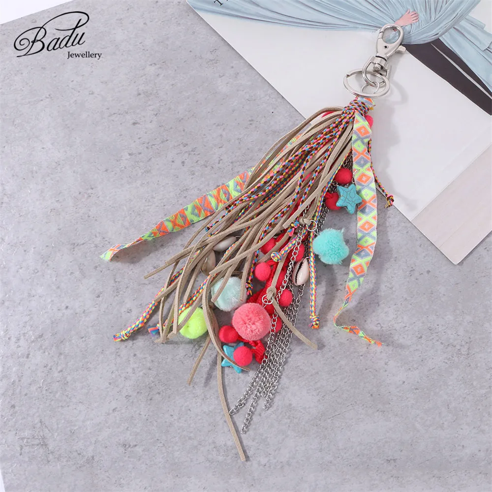 buy Badu Korean Suede Tassel Key Chain Bohemian Holiday Jewelry Lobster Clasp Bag Chain Handmade Autumn Winter Key Ring Wholesale