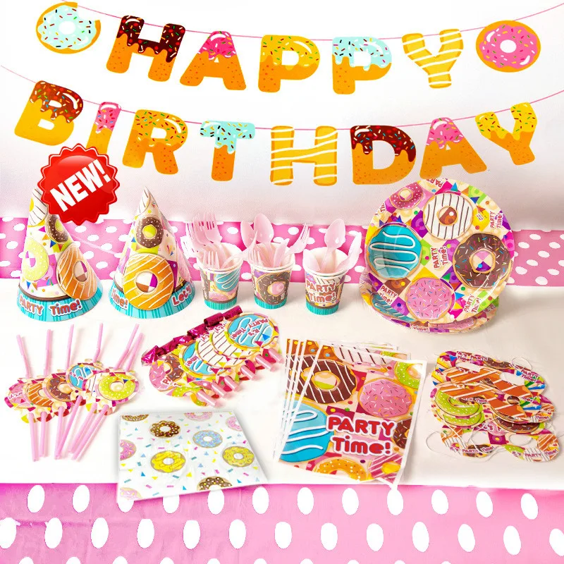 

Donut theme party package spot donuts decorated with flag plate paper cups paper napkin party membership party decoration