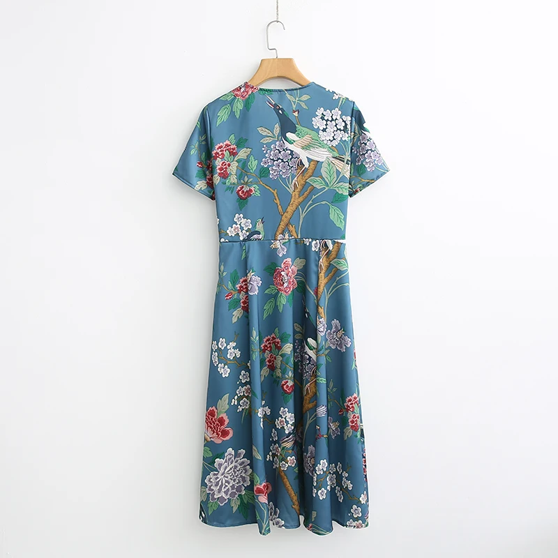 ShejoinSheenjoy Women Vintage Bird Floral Print Maxi Dress V neck Short Sleeve Side Zipper Retro Mid-Calf Casual Ladies Dresses (3)