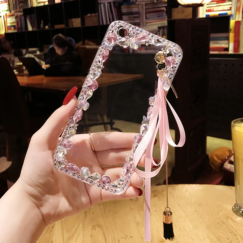 

for Samsung galaxy s6 s7 s8 s9 edge plus note 4 5 8 Luxury heart Diamond crystal Shine leaf butterfly Pendant tassel phone case