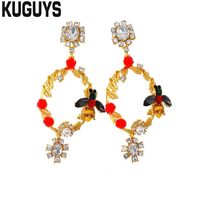 

KUGUYS Trendy Gold Round Large Earrings for Womens Fashion Jewelry Vintage Crystals Leaf Bee Flowers Drop Earring Accessories