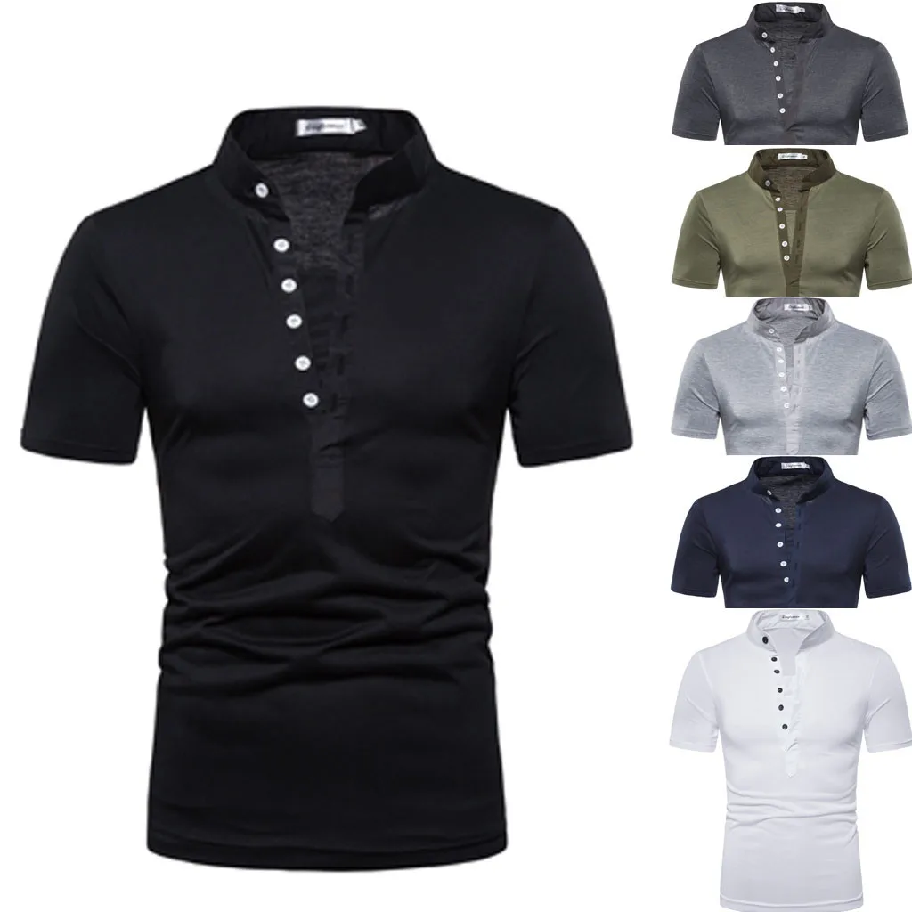 

Men's Pure Color Button Striped Splice Casual Sport Lapel Short Sleeve Shirt