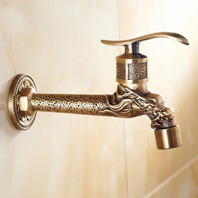 Antique Brass Dragon Carved Extended Mop Pool Taps Wall Mount Single