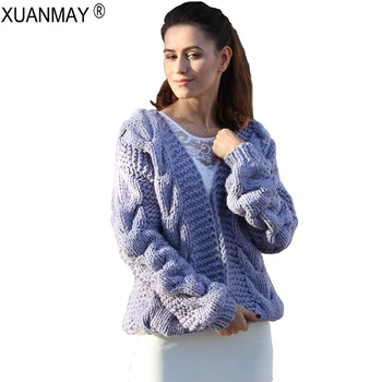 

2020 Spring Women's Chunky Cardigan Sweater Handmade Vintage Cable Pattern purple Sweater coat Loose Fit 5XL Oversize Sweater
