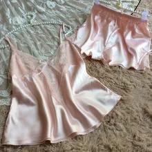 Женский пижамный комплект, летняя одежда для сна с бретельками из искусственного шелка, женская одежда для отдыха, кружевная Пижама с бретельками