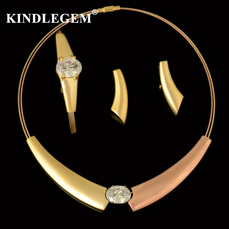 

Kindlegem Big Shiny Stone Top Zircon Jewelry Set Designer High Fashion Minimalist Necklace Bracelet Earrings Gold Rose Color