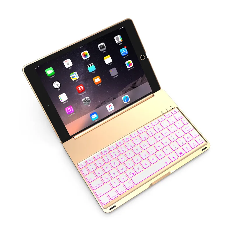 Luxury Tablet Case for iPad 6/Air2 Smart Flip Cover Stand 7 Colors Backlit Light Aluminum Bluetooth Keyboard Case for iPad Air 2 - Цвет: Gold
