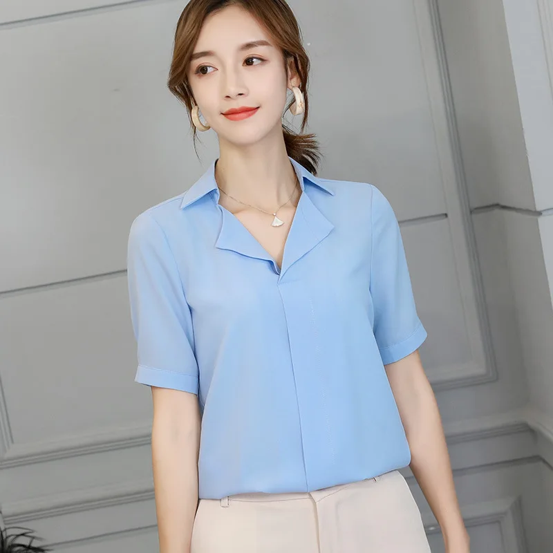 

Women Blouse Shirt Summer V Neck Short Sleeve Slim Blouses Female Lapel Casual Shirts Elegant White Red Blue Tops Blusa Mujer