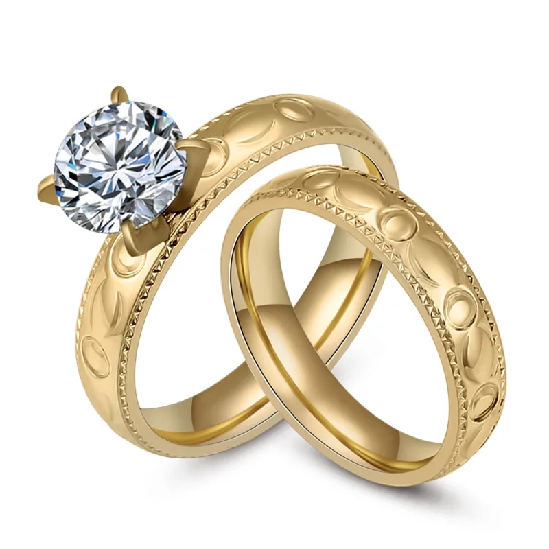 Princess Cut Cubic Zirconia Titanium Steel Wedding Engagement Rings Set Couple Ring For Women And Men Silver/Rose/Gold Color