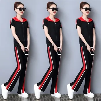 

2018 New Summer Women's Hat T Shirt Thin Open Shirt Broad Leg Pants Two Leisure Suite