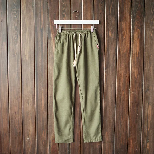 Новые летние однотонные льняные повседневные штаны, простые Эластичные на завязках льняные брюки, свободные и дышащие мужские брюки большого размера - Цвет: Army green