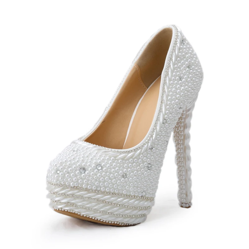 Gorgeous Vogue White High Heels Pearl Wedding Shoes Handmade Round Toe Bridal Dress Shoes font b