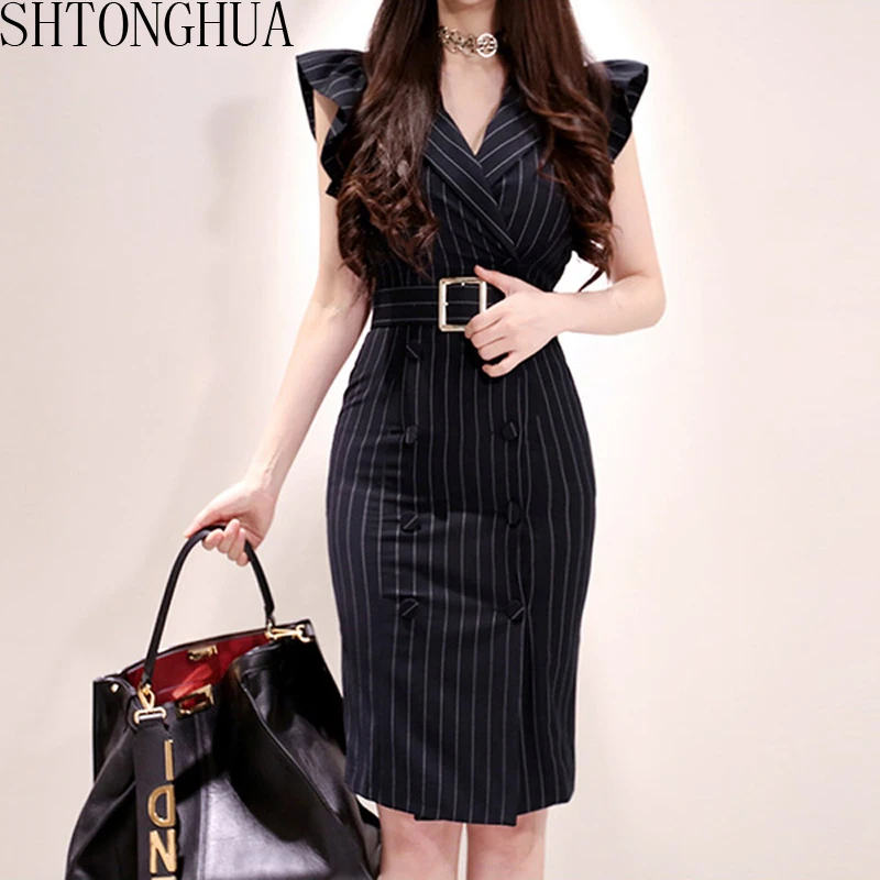 

SHTONGHUA Summer new Korean fashion striped Notched Collar belt dress women double-breasted outfit office lady Package hip Dress