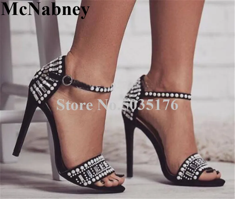 

2019 European Fashion Ankle Strap Buckle Rhinestone Crystal Peep Toe Sandals High Stiletto Heel Cover Heel Dress Women Shoes