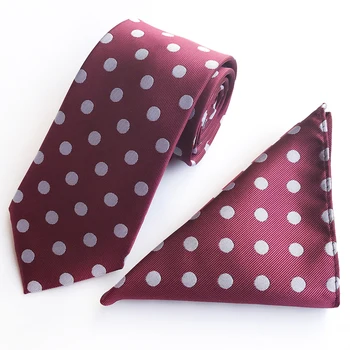 

8cm Men Formal Necktie Pocket Square Set Burgundy with White Big Dots