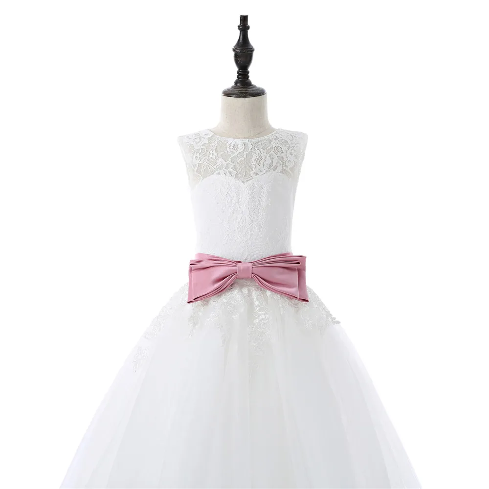 Платья с цветочным узором для девочек на свадьбу, бальное платье, фатиновые Аппликации, кружевные платья с бантом для первого причастия для маленьких девочек