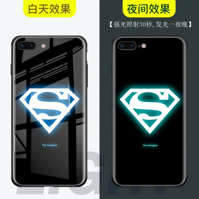 Роскошный светящийся чехол из закаленного стекла для iphone X 10 XS MAX XR 6 6S 7 8 plus чехол для телефона Marvel, Бэтмен, Капитан Америка, Железный человек - Цвет: Superman
