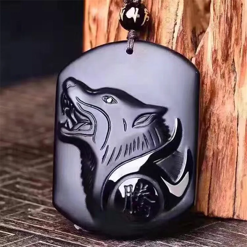 

Drop Shipping Black Obsidian Carving Wolf Head Obdidian Amulet pendant free necklace obsidian Blessing Lucky pendant Men Jewelry