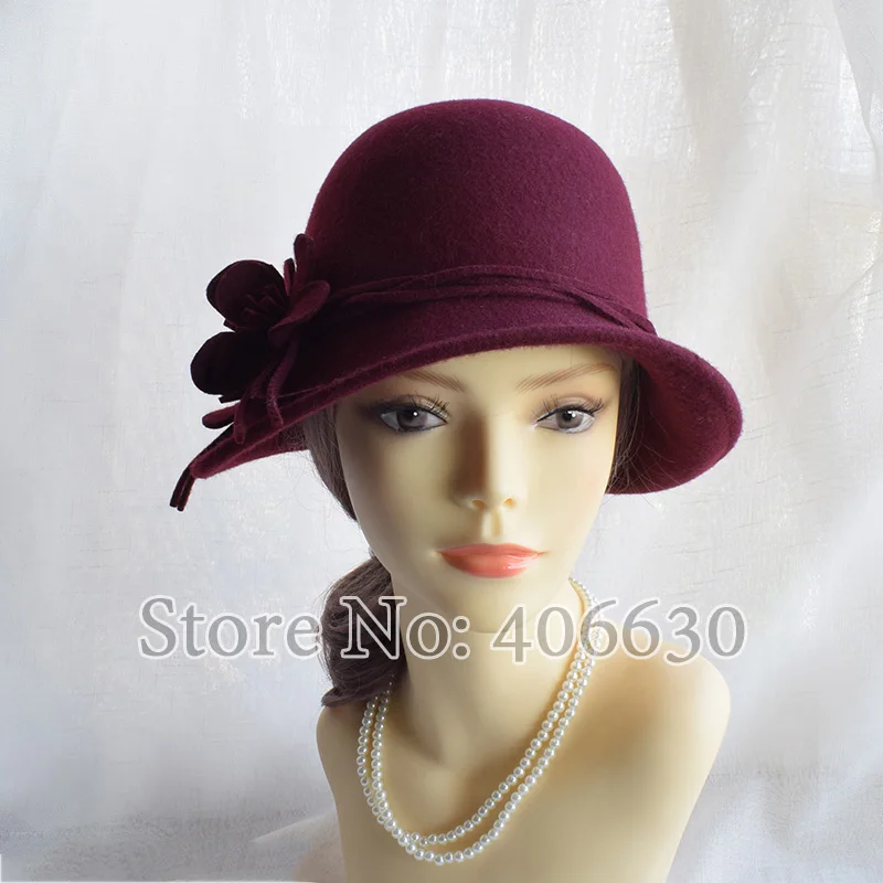 Новые цветочные шерстяные фетровые шляпы для женщин Chapeu платье Fedoras Cloche шляпы женские SDDW041 - Цвет: 043 burgundy