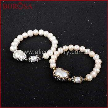 

BOROSA NEW! 5Pcs/lot Cylinder&Freeform Natural Pearl Beads Paved Zircon With Imitation White Pearl Beaded Bracelet JAB174