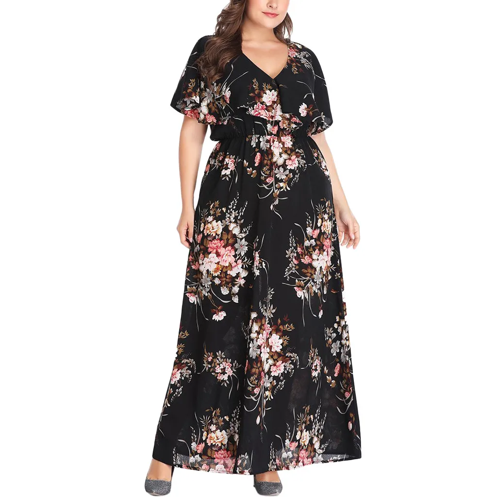 Женские платья размера плюс 5XL, повседневные Летние, цветочные сексуальные черные вечерние сарафаны, хиппи бохо, длинное винтажное платье для женщин