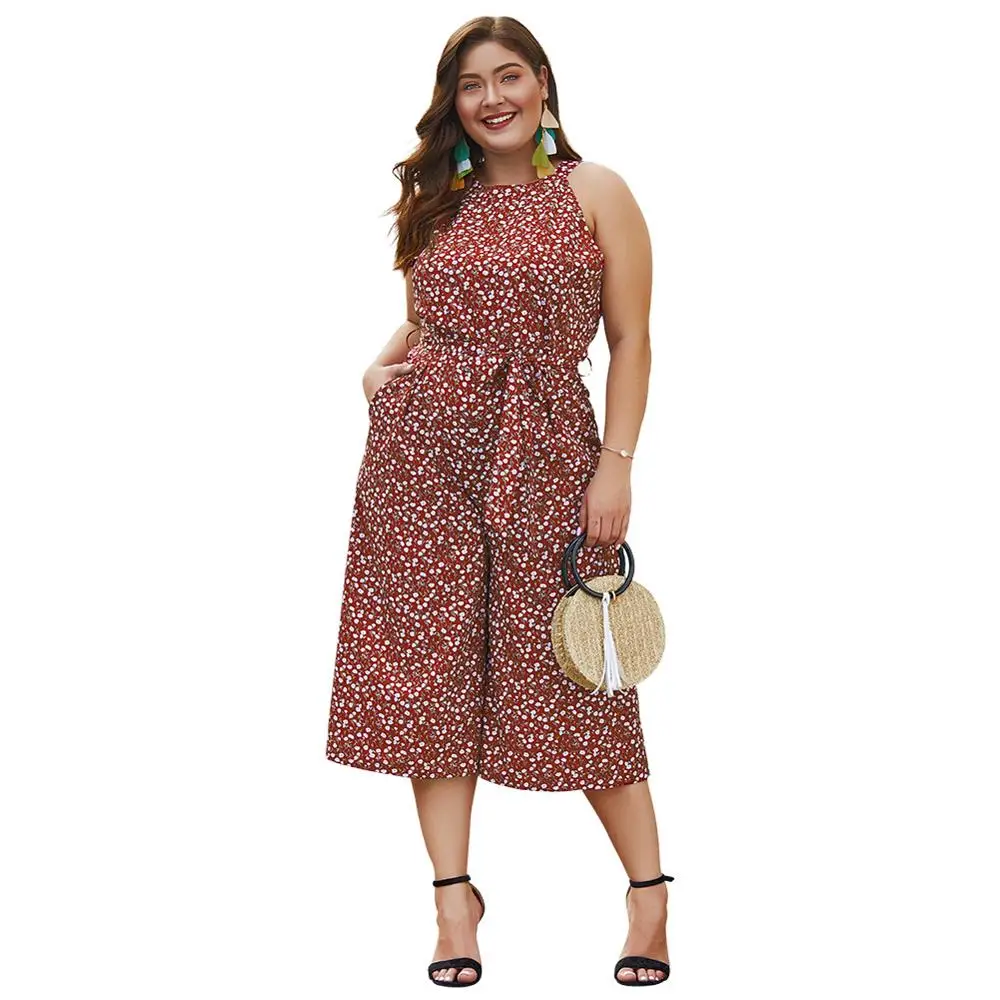 

YZ Large Size Summer Jumpsuits Elegant Ladies 2019 New Romper Body Sleeveless Femme Straight Leg with Belt Cropped Trousers
