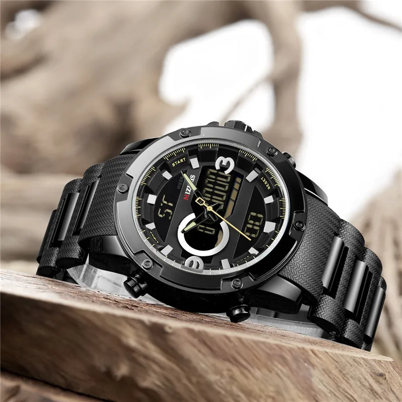 Мужские кварцевые часы MIZUMS черные спортивные водонепроницаемые с двойным