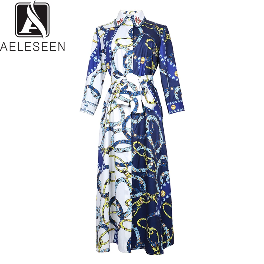 

AELESEEN High Street Style Contrast Color Dresses Women Summer 2019 Hidden Single Breasted Sashes Chain Print Mid-Calf Dress