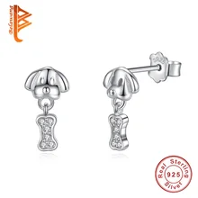 Аутентичные стерлингового серебра 925 животных Щенок Собака Кости кристалл серьги гвоздики для женщин Мода стерлингового серебра ювелирные изделия подарок