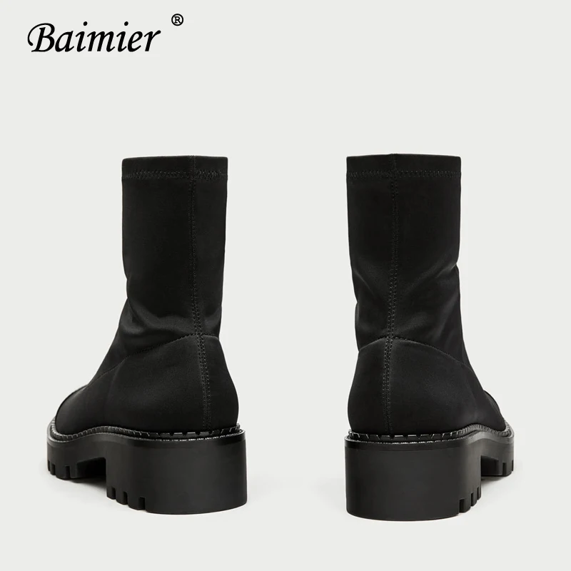 Baimier/черные женские сапоги-носки из эластичной ткани; ботильоны для женщин с круглым носком; фирменный дизайн; женские ботинки на платформе без застежки
