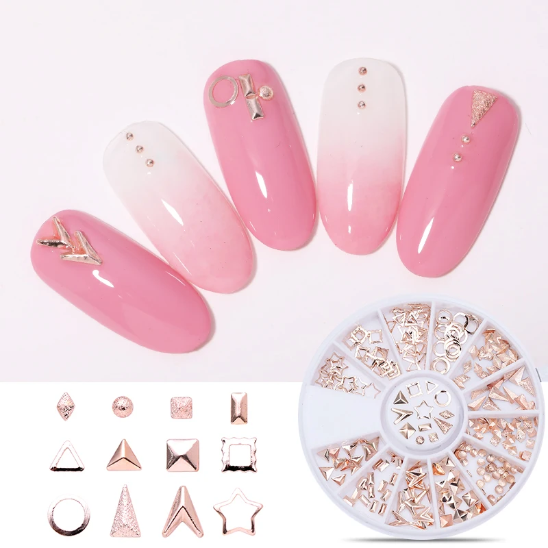 1 مربع روز الذهب 3D مسمار ترصيع برشام المعادن ستار مختلط أنماط حاد أسفل DIY تصميم مانيكير 3D مسمار الفن الديكور في عجلة