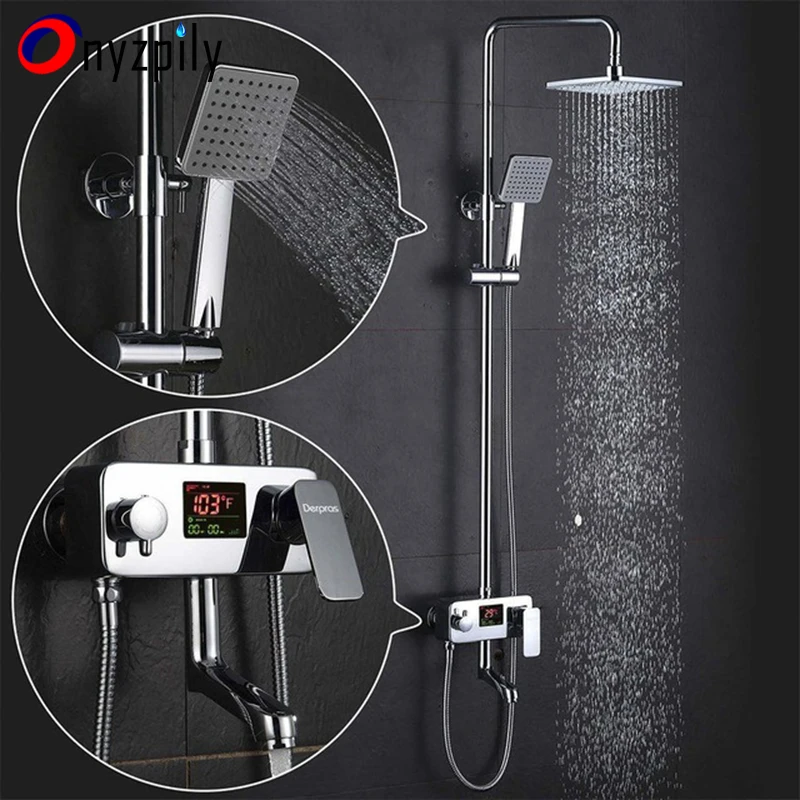 

8" Shower Head Shower Faucet Water Powered Digital Display Shower Set No Need Battery