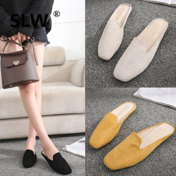 

Shallow Shoes Flat Slippers Lady Low Loafers Designer Slides Flock Baby Luxury 2019 Basic Rubber PU Fashion Shoes Without Heel