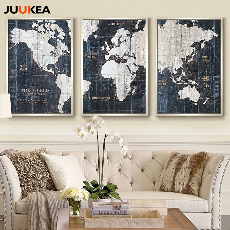 3 Panels Vintage World Map Canvas Art Print Painting Poster Wall Pictures For Living Room Bedroom Home Decor Free Shipping | Дом и сад