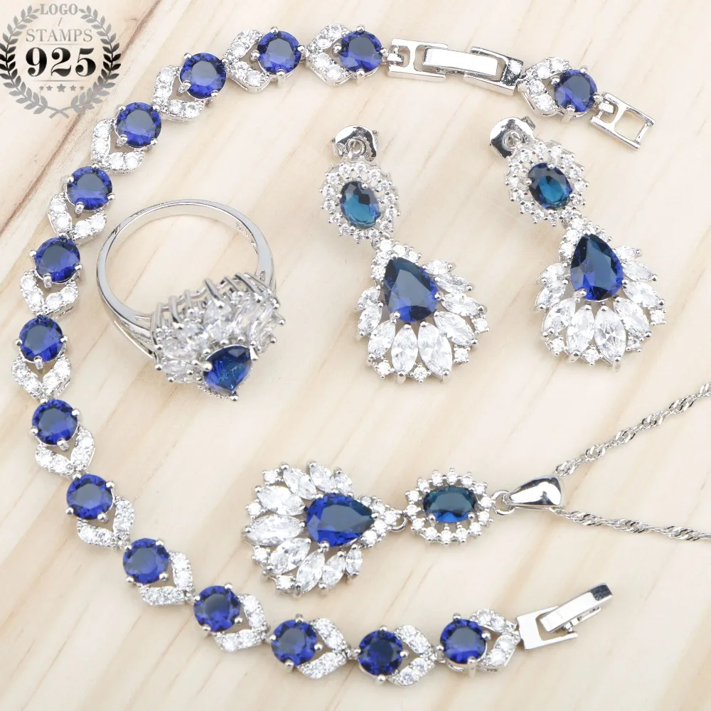 Синий Циркон 925 Серебряный Свадебный костюм Ювелирные наборы для женщин ожерелье подвеска талисманы браслеты серьги кольца с камнями подарочная коробка