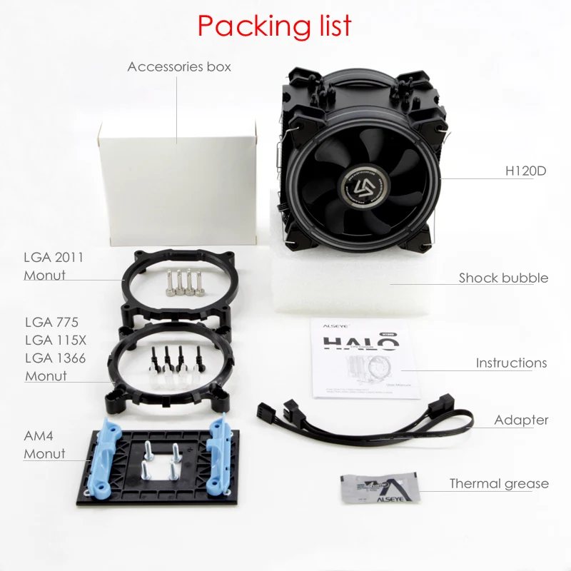 ALSEYE H120D CPU Cooler RGB Fan 120mm PWM 4 Pin 6 Heat Pipes Cooler for LGA 775 115x 1366 2011 1200 AM2+ AM3+ AM4 support X99