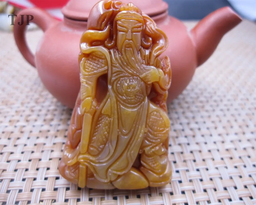 

TJP natural china HUANGLONG jade beige carved lucky GUANYU pendant with certificate necklace pendant Fine Jewelry