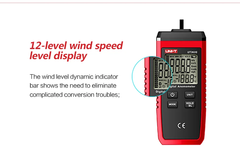 UNI-T UT363S мини Анемометр Скорость ветра, температура тестер ЖК-дисплей скорость воздушного потока Макс/AVG измерение уровень ветра 1~ 12