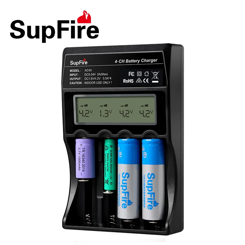 

Supfire AC40 Digital Intelligent 4 Slots Charger Compatible Li-ion NiCd NiMh Battery EU US Adapter for 26650/18650/14500 Battery